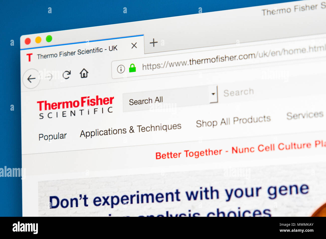 LONDON, UK - MAY 31ST 2018: The homepage of the official website for Thermo Fisher Scientific - the American multinational biotechnology product devel Stock Photo