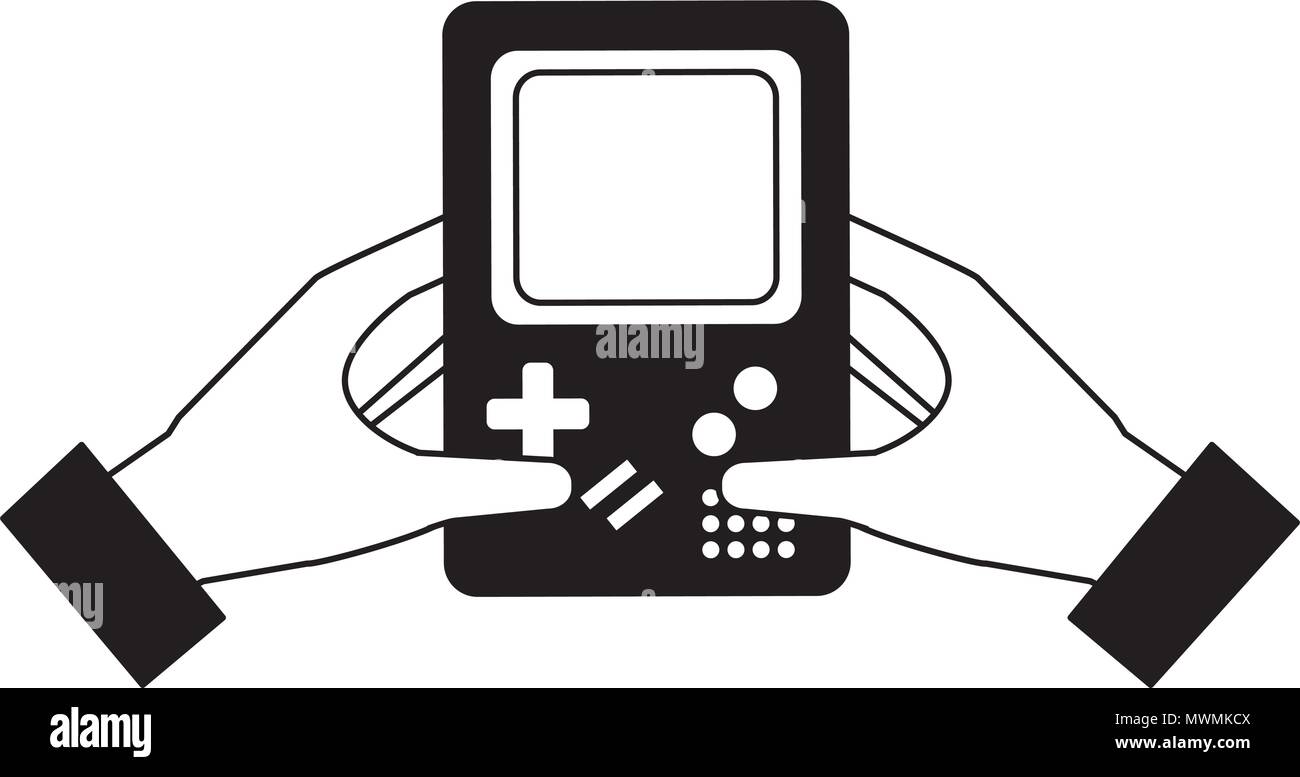 hand holding game console portable device vintage vector illustration ...