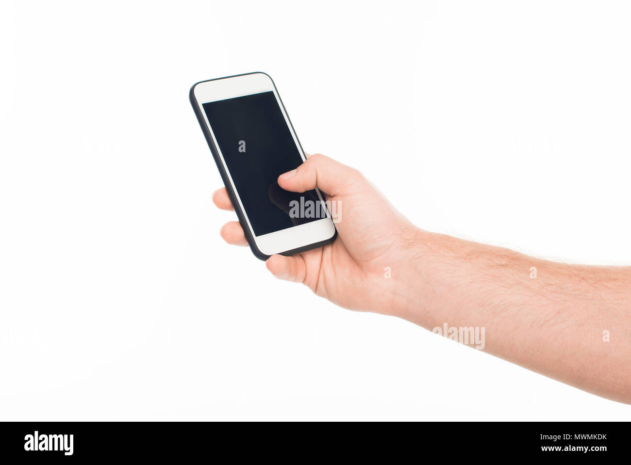 'Close-up cropped view human hand holding smartphone with blank screen ...