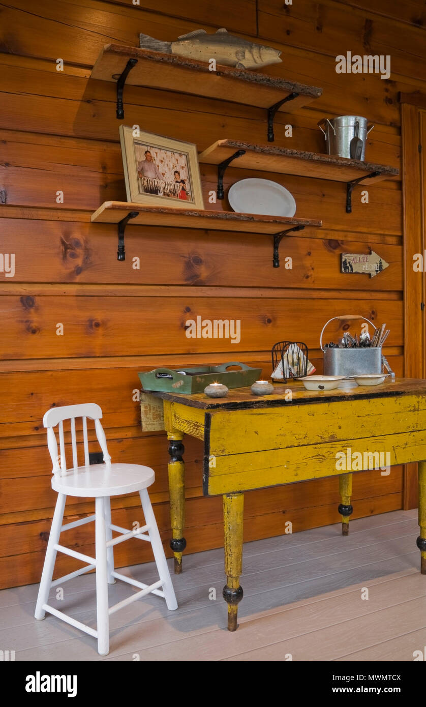 Small White High Chair And Old Yellow Antique Table With