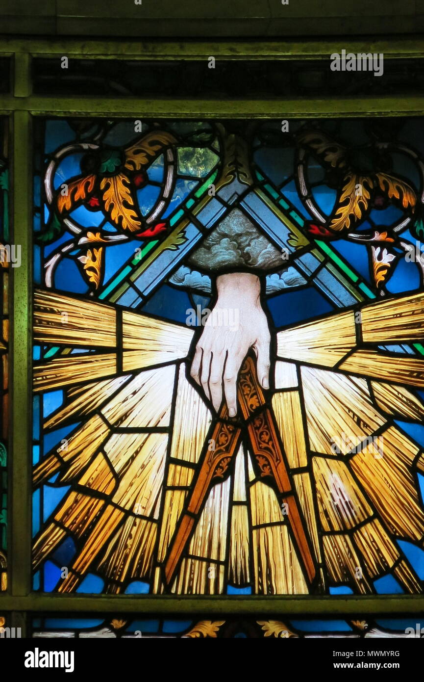 A stained glass window at Freemasons Hall London, the headquarters of the United Grand Lodge of England Stock Photo
