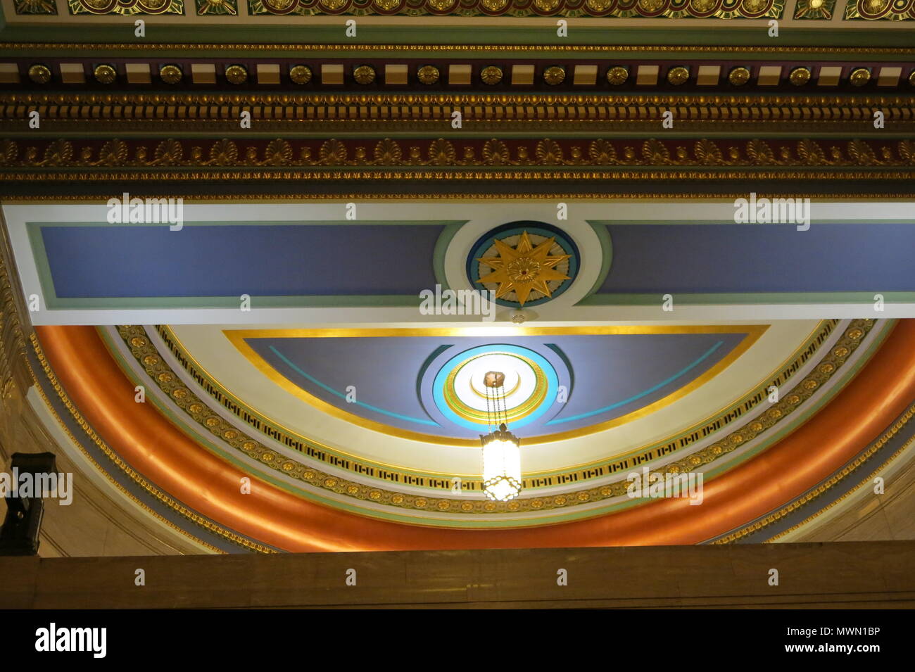 Ornately decorated ceiling at Freemasons Hall, London, the headquarters of the United Grand Lodge of England Stock Photo