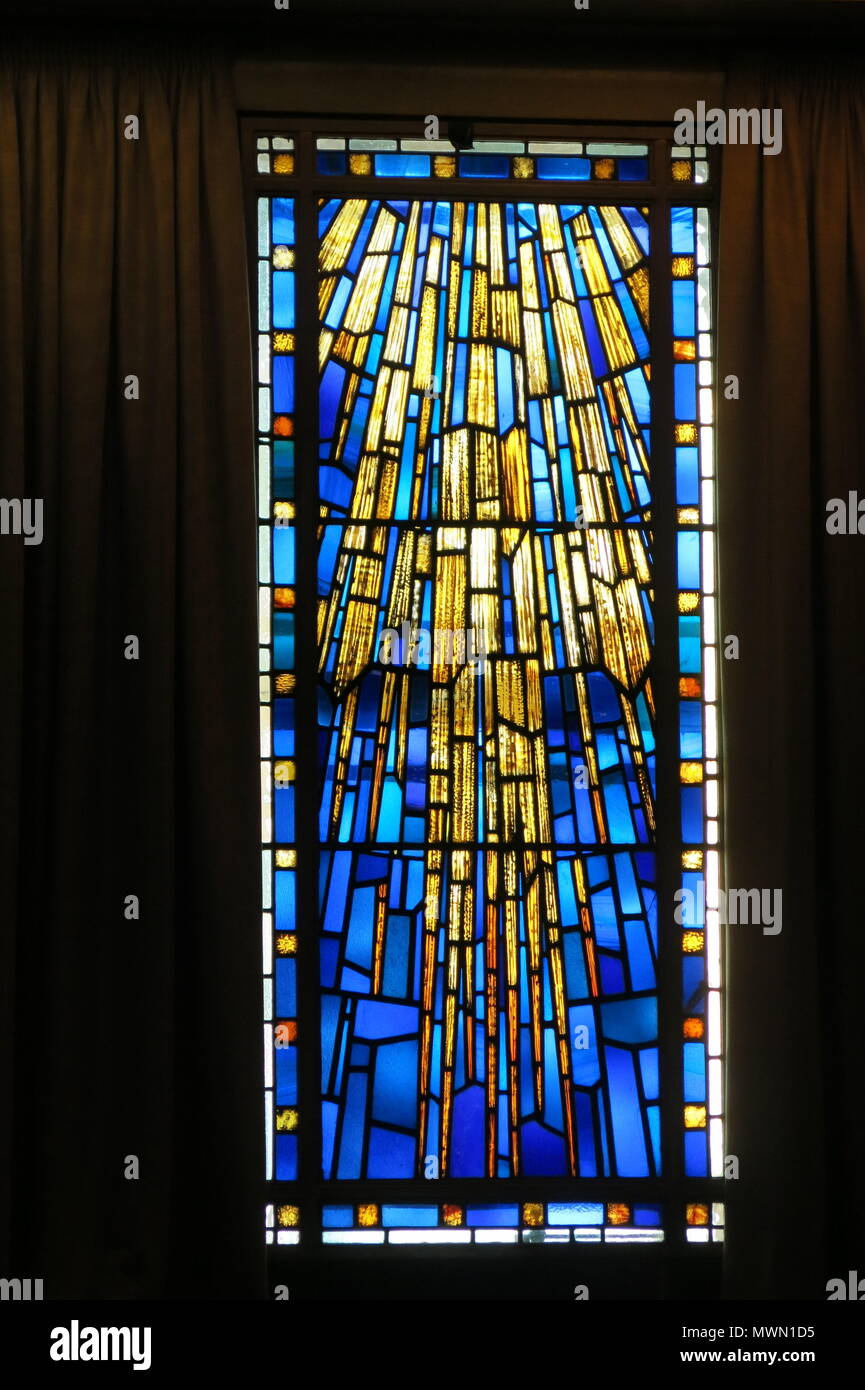 A stained glass window at Freemasons Hall London, the headquarters of the United Grand Lodge of England Stock Photo