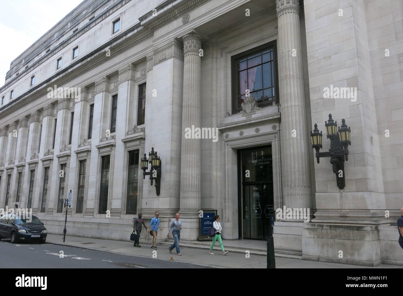 Exterior view of the entrance to Freemasons Hall on Great Queen Street London: headquarters of the United Grand Lodge of England Stock Photo