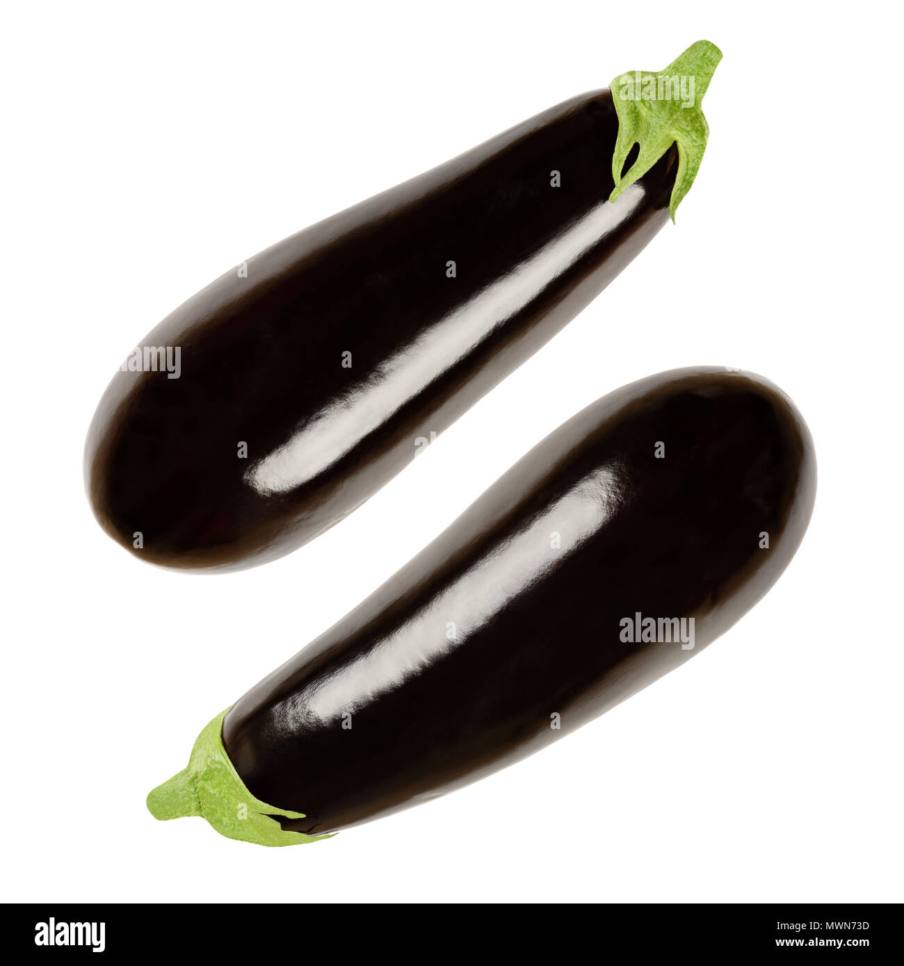 Two eggplants from above. Solanum melongena, also aubergine or brinjal. Nightshade. Elongated oval shaped black skinned fruit, used for cooking.Photo Stock Photo