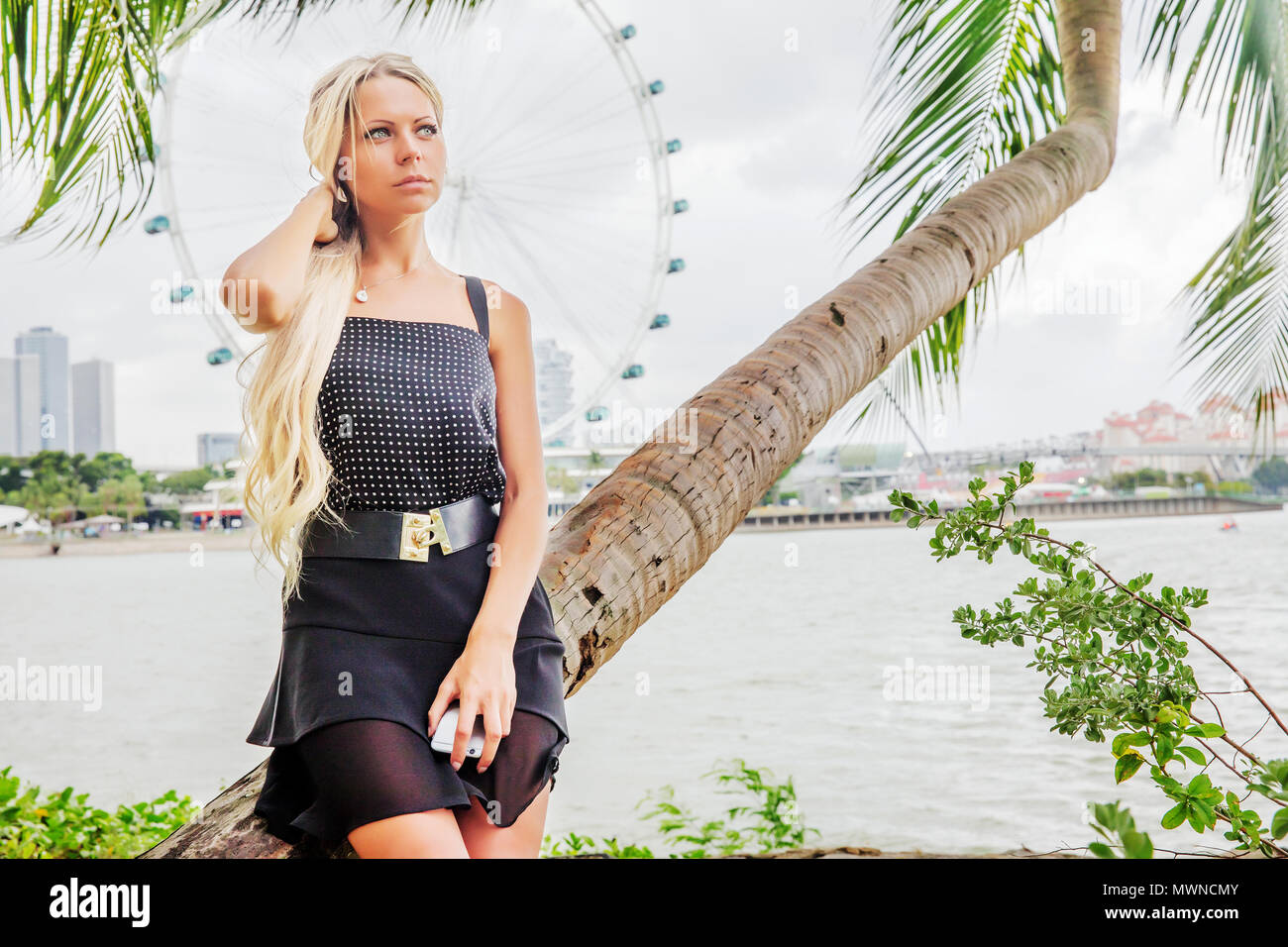 Pretty blonde tourist woman in Singapore Stock Photo