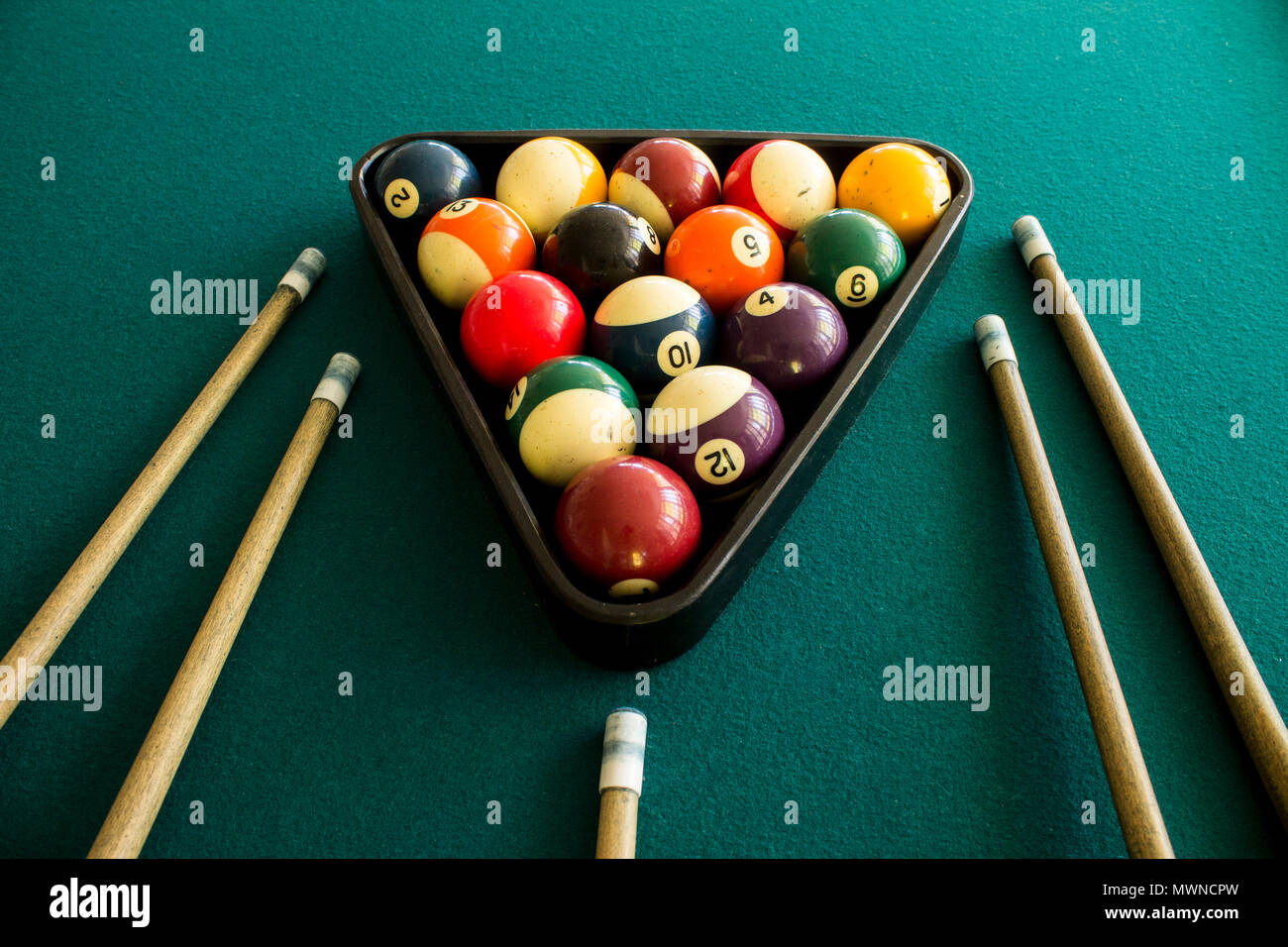 Symmetric view of billiard balls arranged in a triangle with cue sticks on  green table Stock Photo - Alamy