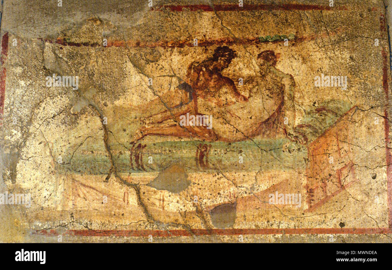 . English: Couple in bed. Fresco from south wall between rooms f and e in the Lupanar in Pompeii. Ca. 70-79 AD. 21 July 2010. WolfgangRieger 492 Pompeii - Lupanar - Couple3 Stock Photo