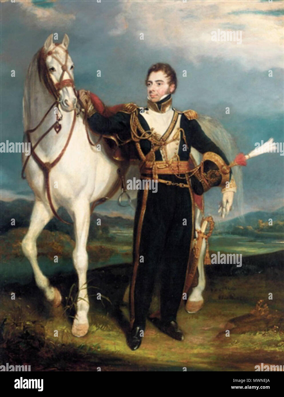 . English: Portrait of a British cavalry officer with his horse. between 1828 and 1860. Henry Martens 495 Portrait of a Cavalry Officer Stock Photo