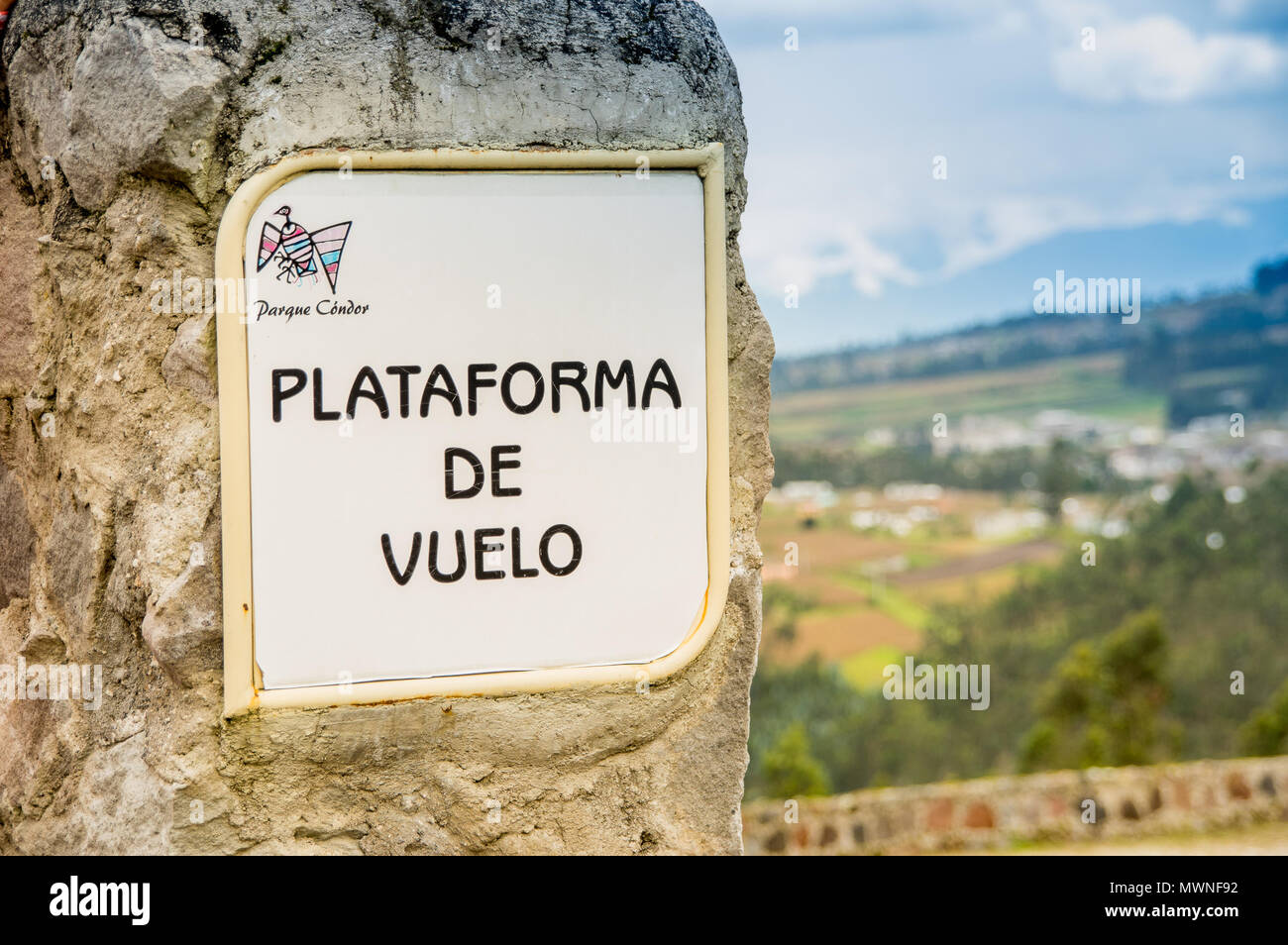 OTAVALO, ECUADOR - MAY 29, 2018: Outdoor view of informative sign of flight platform at the Condor Park in Otavalo Stock Photo