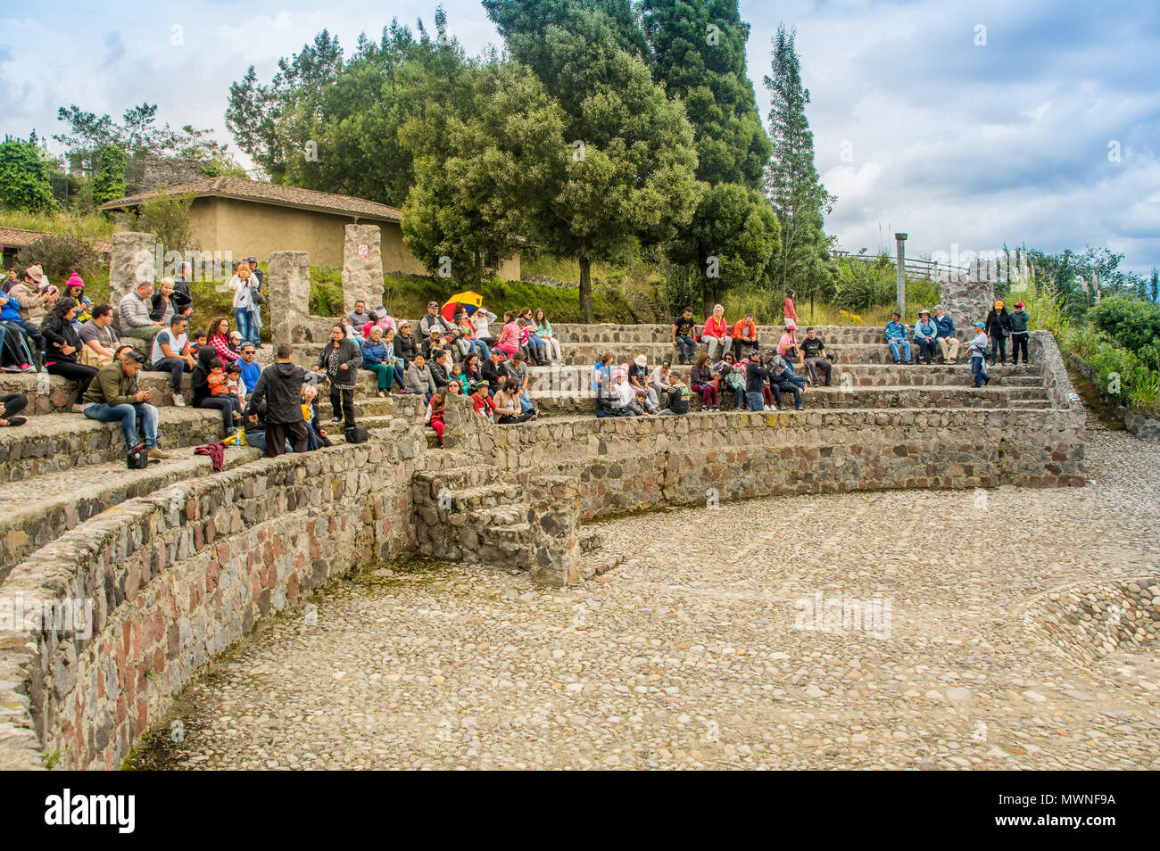 OTAVALO, ECUADOR - MAY 29, 2018: Outdoor view of unidentified people enjoying the show in the flight platform used for acrobacies of the different birds as eagles at the Condor Park in Otavalo Stock Photo