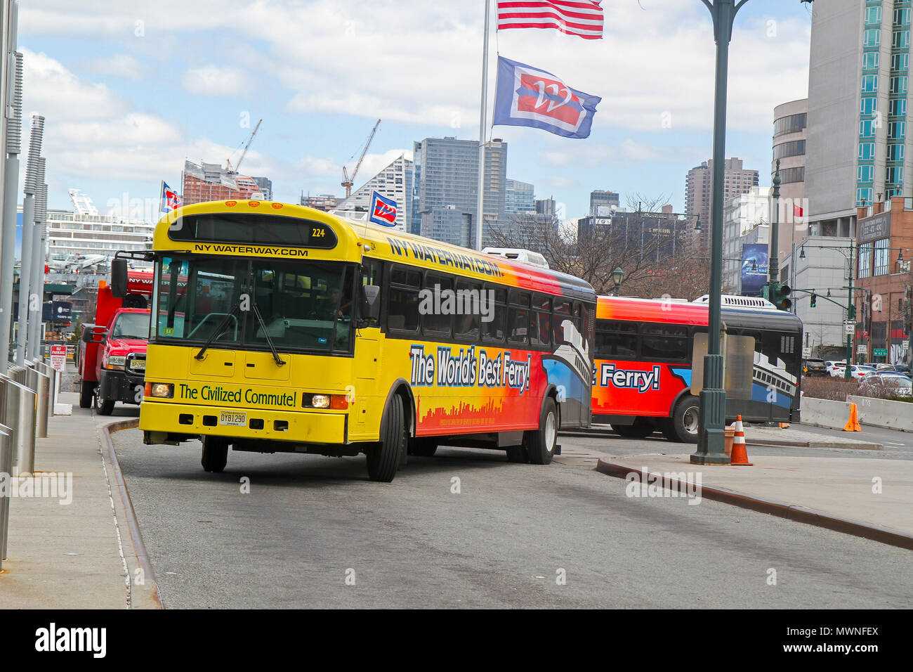 New York Waterway busses bring visitors from the ferry terminal to ...