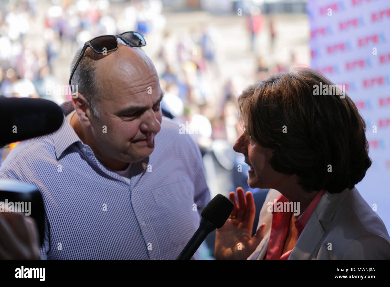 Worms, Germany. 1st June 2018. The Rhineland-Palatinate Minister?President Malu Dreyer gives an interview. Around 300.000 visitors are expected in the 34. Edition of the Rheinland-Pfalz-Tag (Rhineland-Palatinate Day) in Worms. The Rheinland-Pfalz-Tag is a annual event that showcases the German state of Rhineland-Palatinate. Credit: PACIFIC PRESS/Alamy Live News Stock Photo