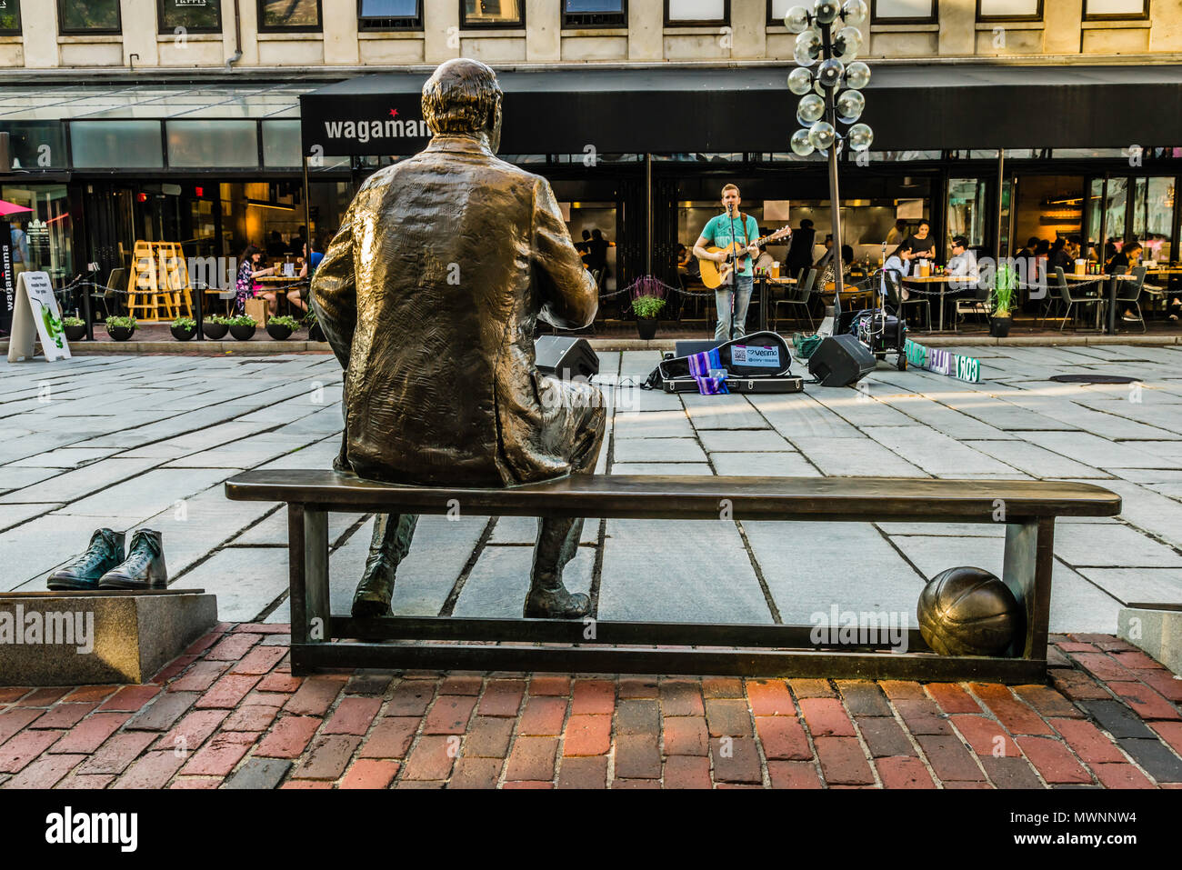 Red Auerbach statue at Quincy Market   Boston, Massachusetts, USA Stock Photo