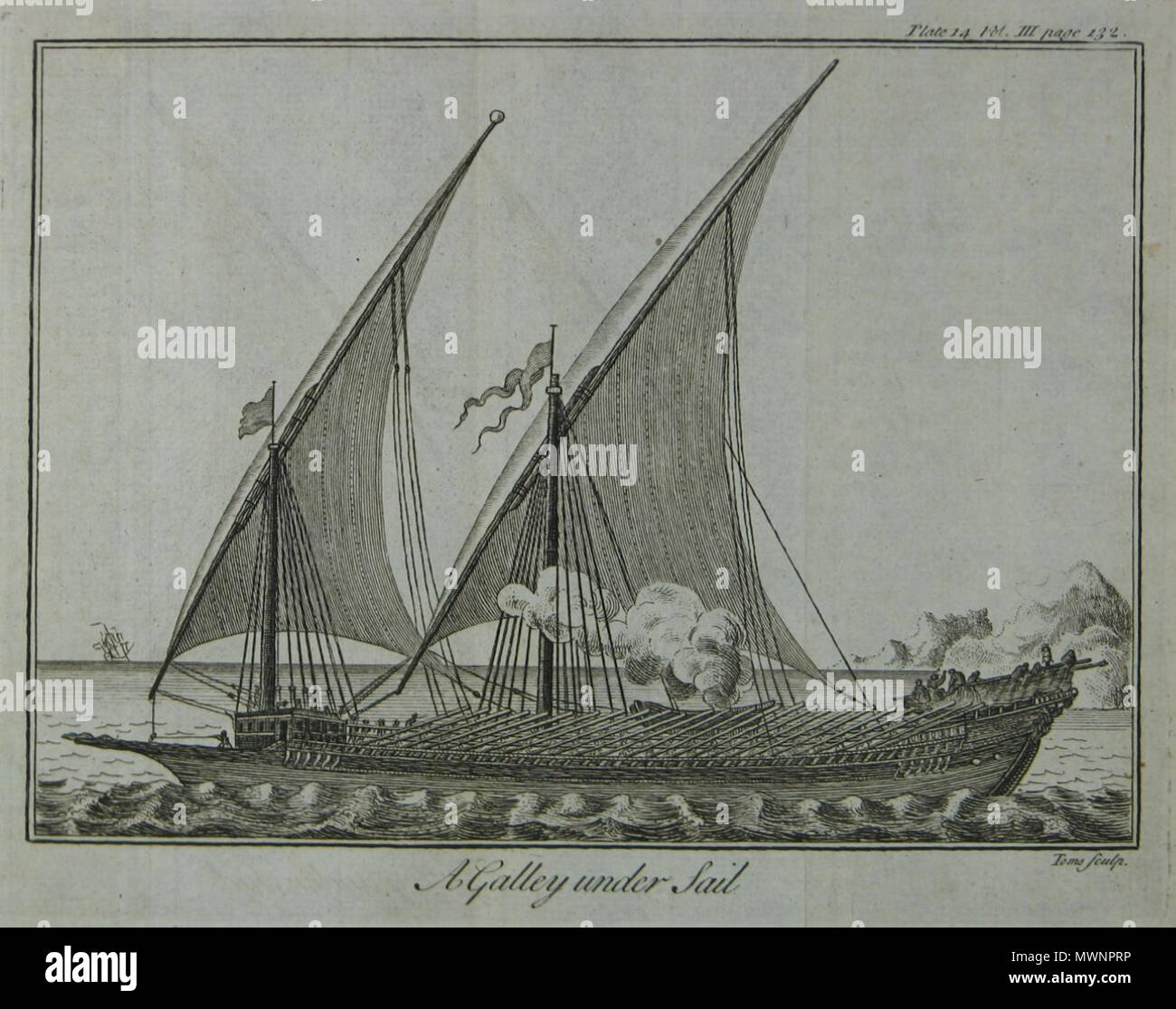 . English: Copperplate engraving by Noel-Antoine Pluche (1688-1761). Plate 14. Vol 3. Page 132. Original size: 7' x 5 ' . 2 September 2014, 17:23:29. Anonymous 490 Pluche-A Galley under Sail Stock Photo