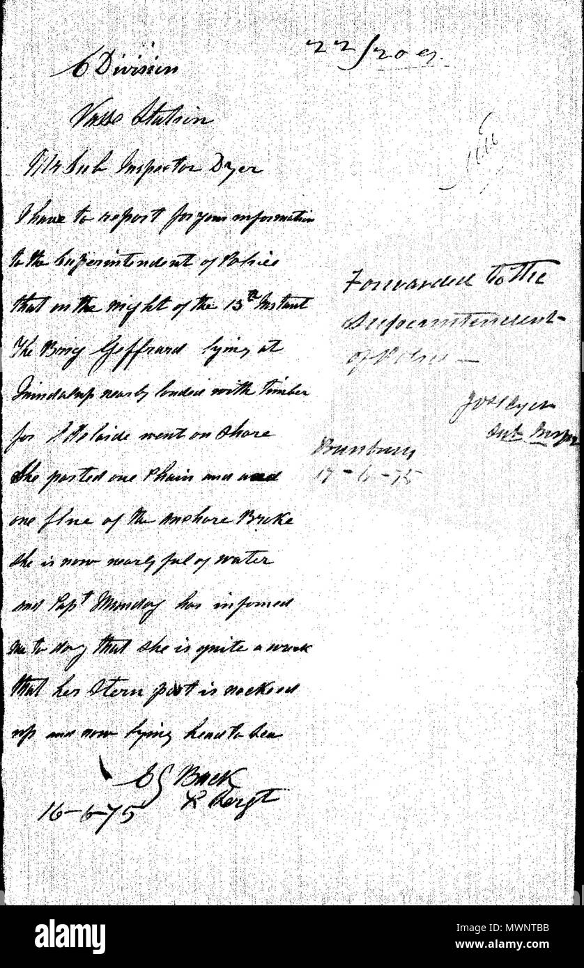 . English: Police report of the Geffrard sinking on 1875-06-13, WA State Records Office ACC 129 File 22-209. 17 June 1875. Sub-Inspector Dyer 491 Police report of the shipwreck of 'Geffrard' Stock Photo