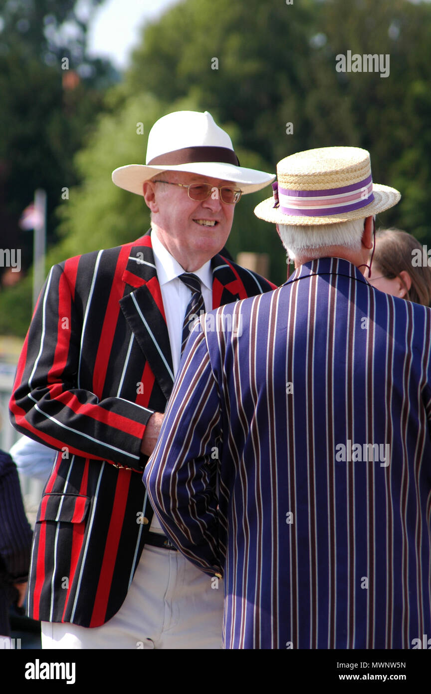 Two men in boaters and blazers, Henley Royal Regatta, Oxfordshire, UK Stock Photo