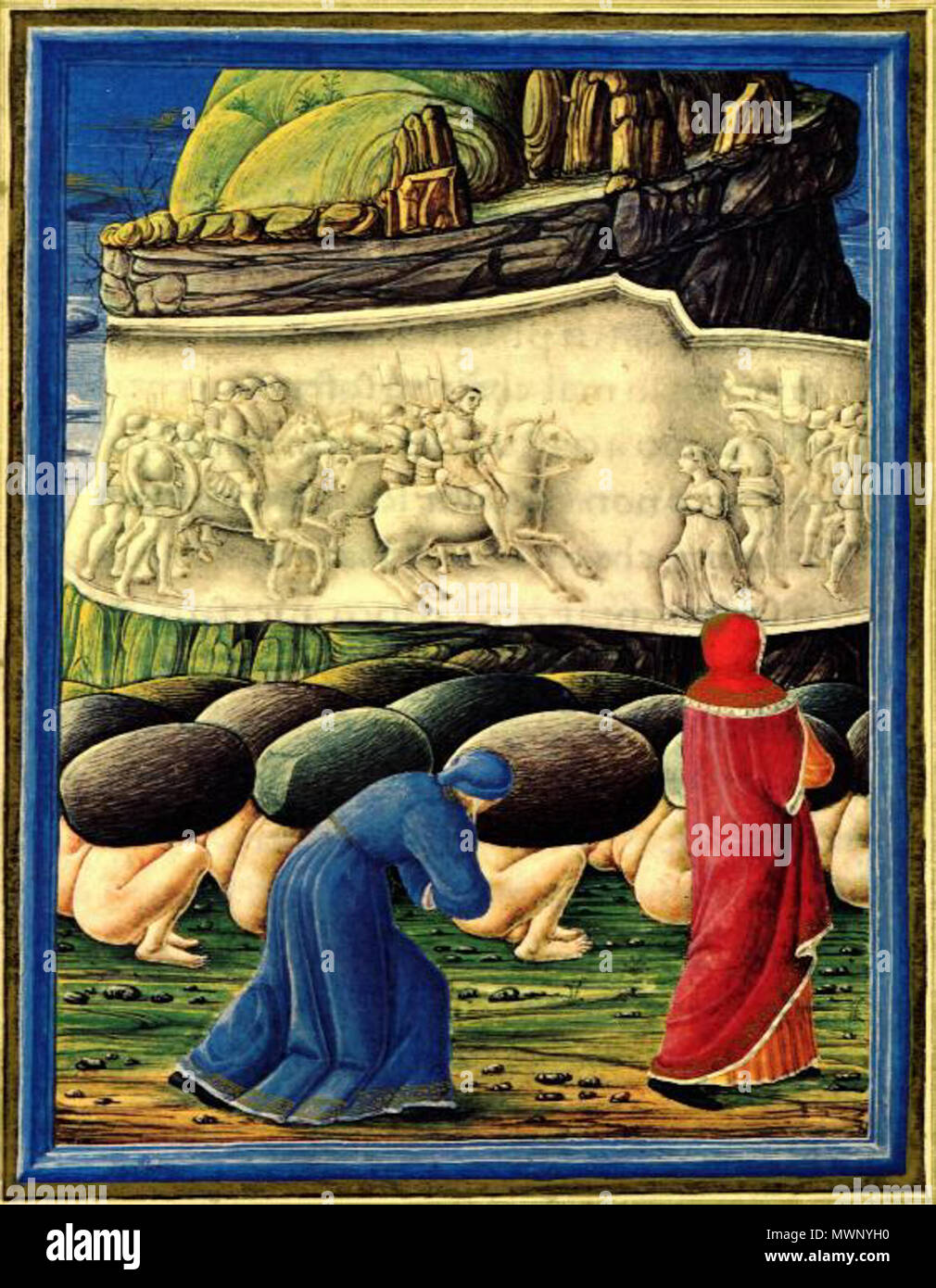 Français : Le Purgatoire . Français : Miniature tirée d'un manuscrit de la  Divine comédie de Dante (Chant XI) ayant appartenu à Federigo da  Montefeltro . circa 1478-1482 507 Purgatorio -