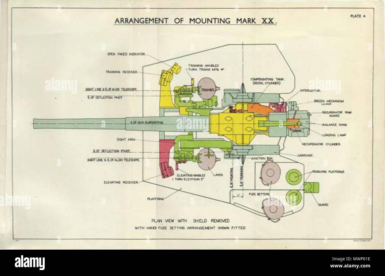 . English Plan view diagram showing British QF 4inch Mk XVI naval gun