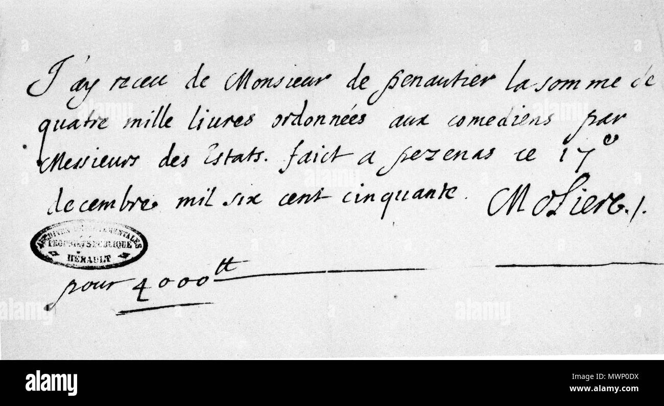 509 Quittance donnée par Molière le 17 décembre 1650 Stock Photo