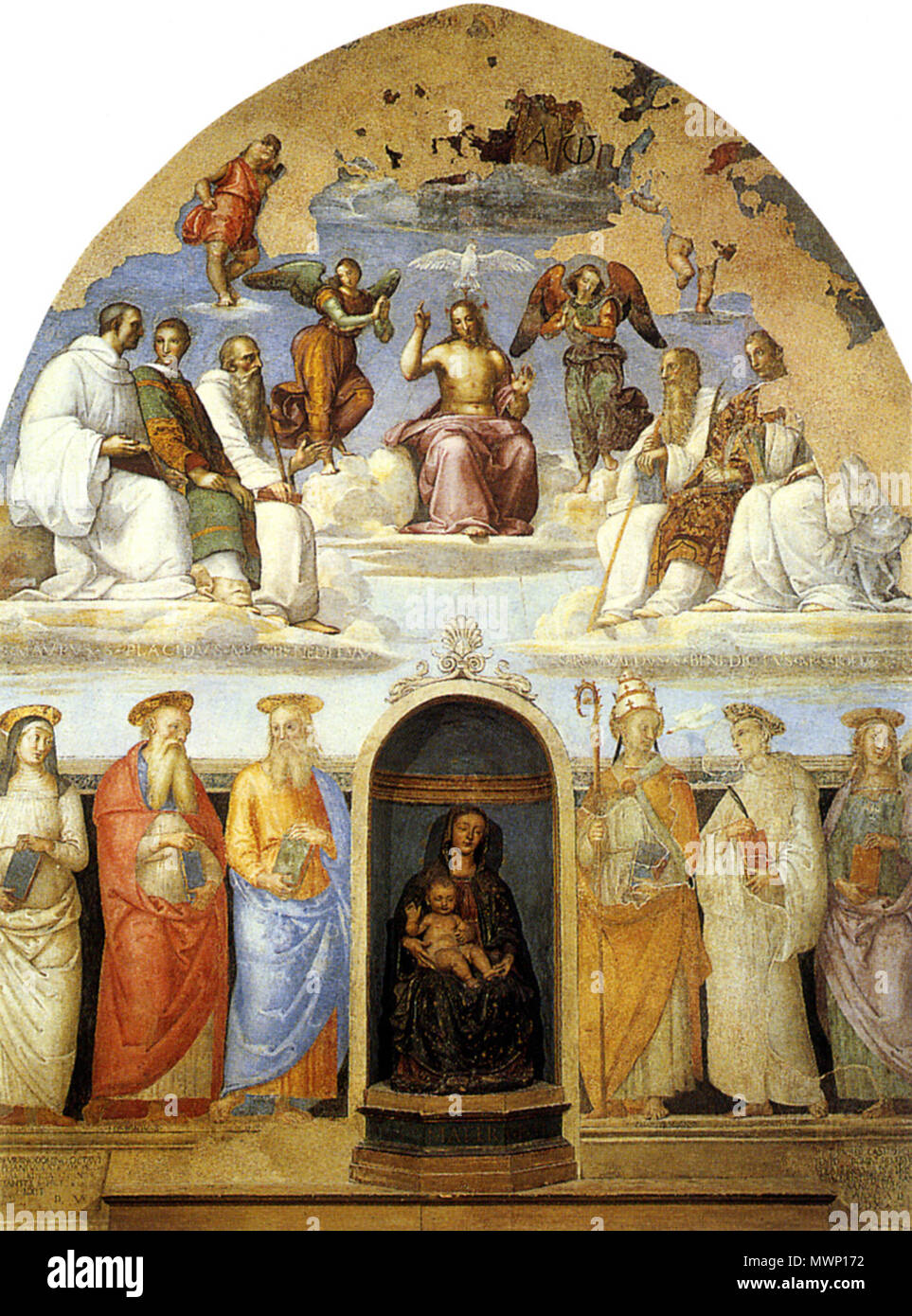 . Holy Trinity with Saints Raphael Fresco Perugia, San Severo . circa 1505. see filename or category 511 Raffaello, affresco della cappella san severo 2 Stock Photo