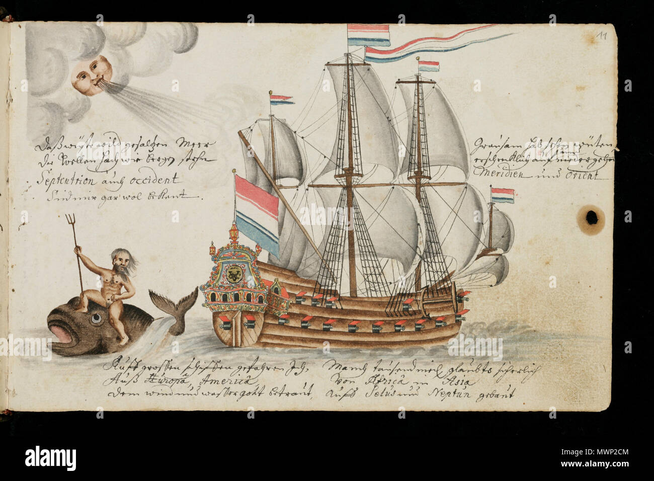 . An illustration of the ship Gouda, from 'Reise nach Batavia', an illustrated manuscript by Georg Franz Müller, describing his voyage to South Africa and Indonesia and his stay there (1669-1682) in services of the Dutch East India Company. . Georg Franz Müller (1646-1723) 513 RBSeite11 Stock Photo