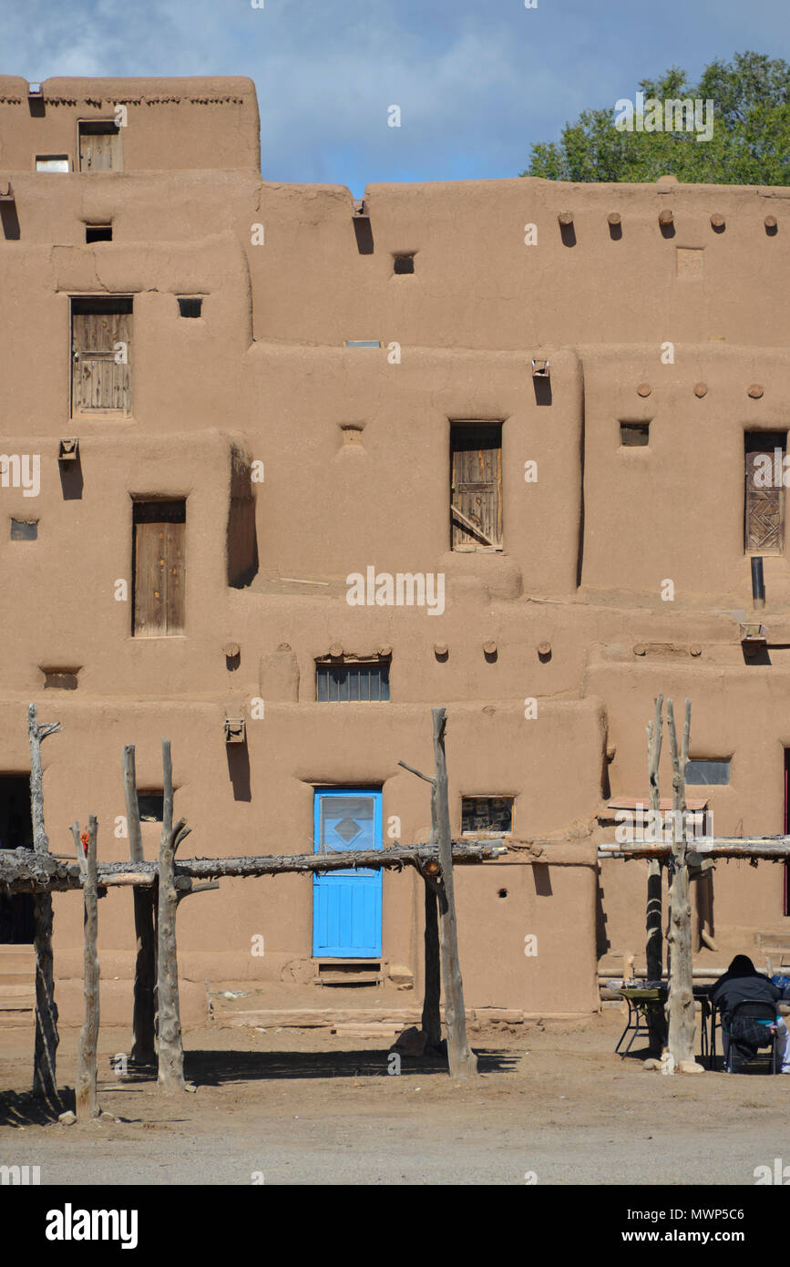 Taos Pueblo, indigenous architecture north of Red Willow Creek, close-up of the multiple stacked adobe dwellings, near Taos, NM, USA Stock Photo