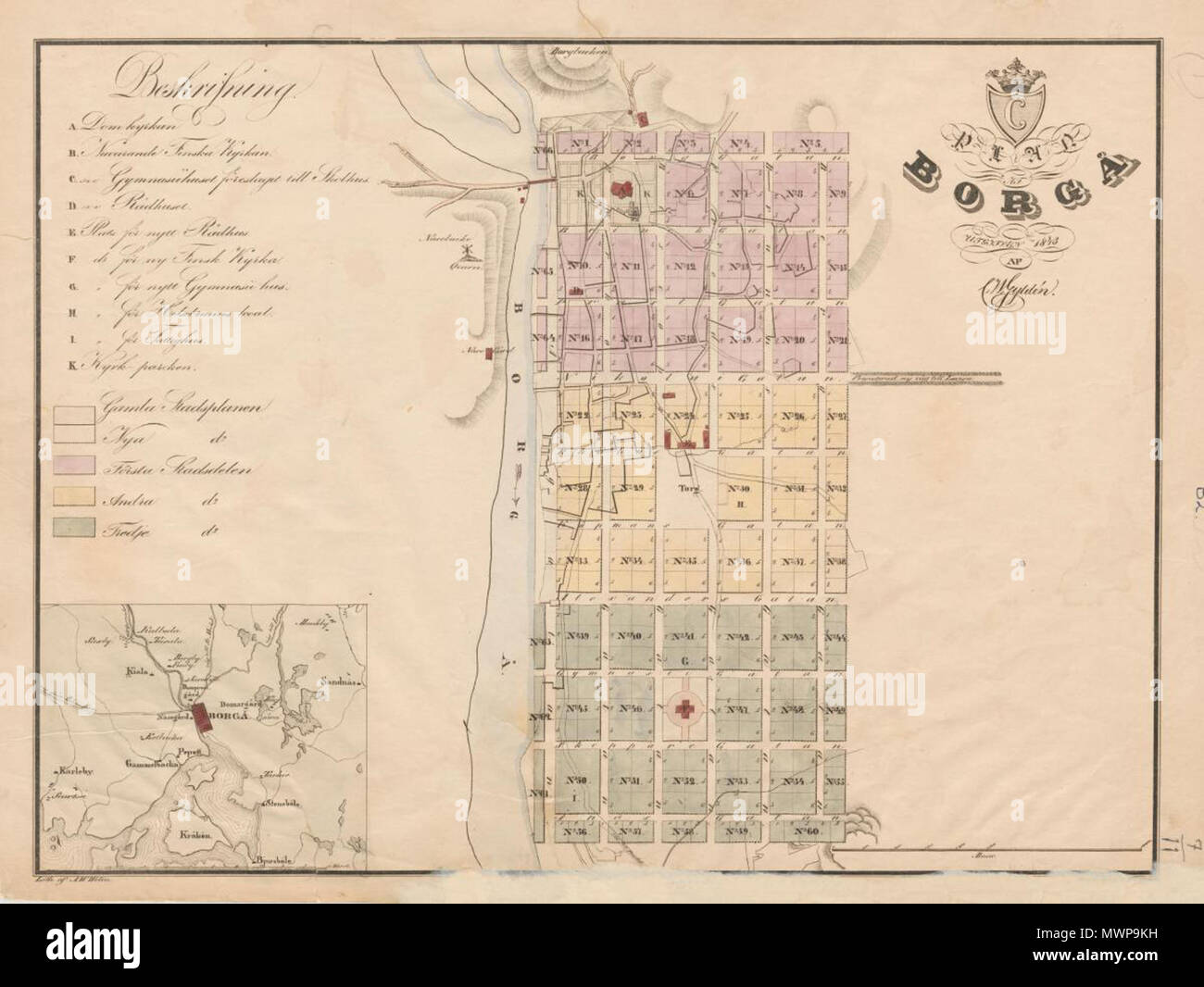 English: Map of Porvoo from 1843. . Gyldén 1843. Suomi: Porvoon  kaupungin kartta, . Gyldén 1843. 1843. Unknown 499 Porvoo 1843 Stock  Photo - Alamy