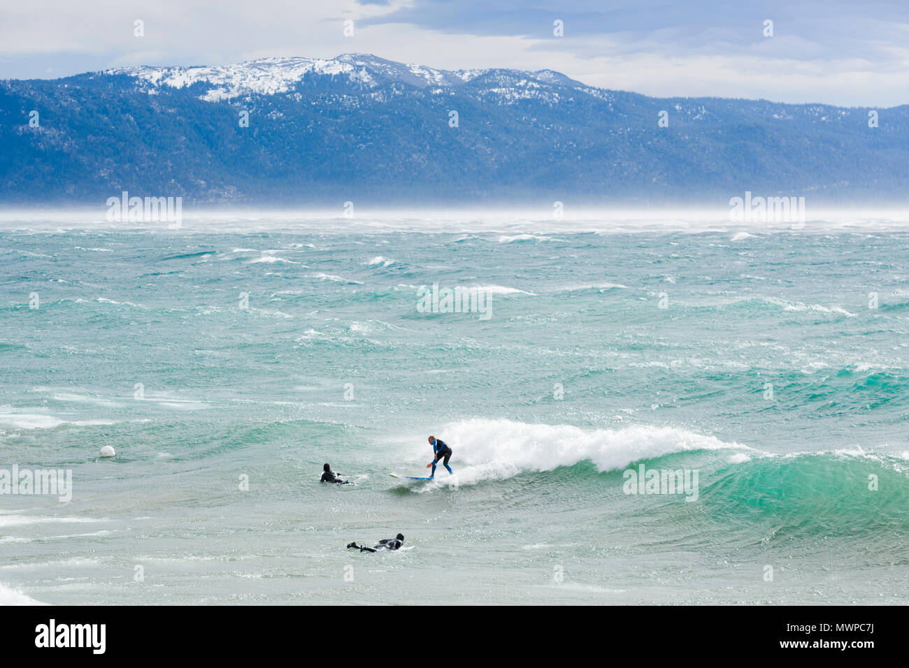Surfing on Lake Tahoe in windstorm Stock Photo Alamy