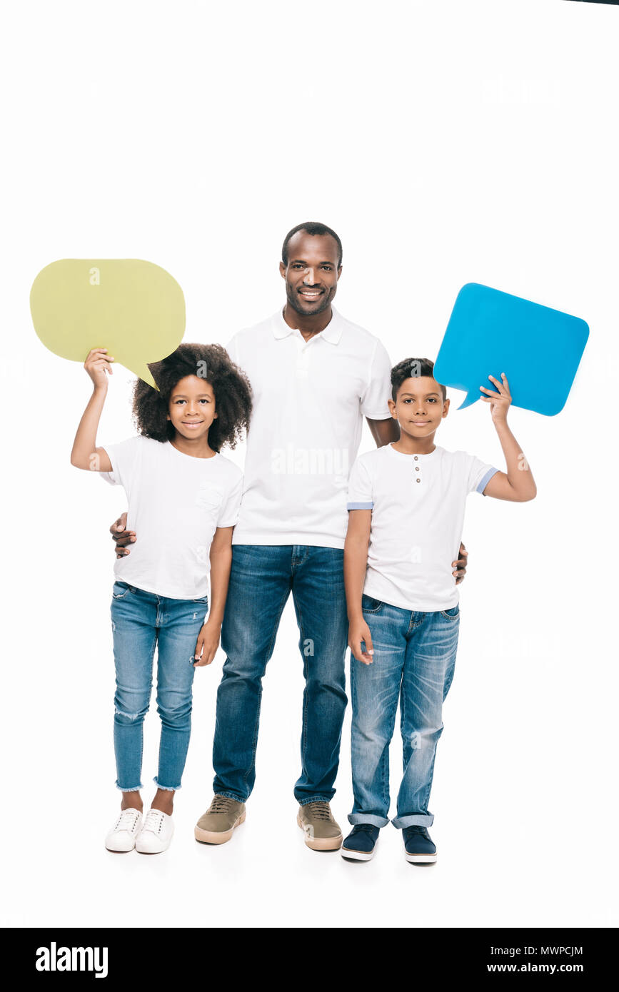 happy african american father with cute kids holding blank speech ...