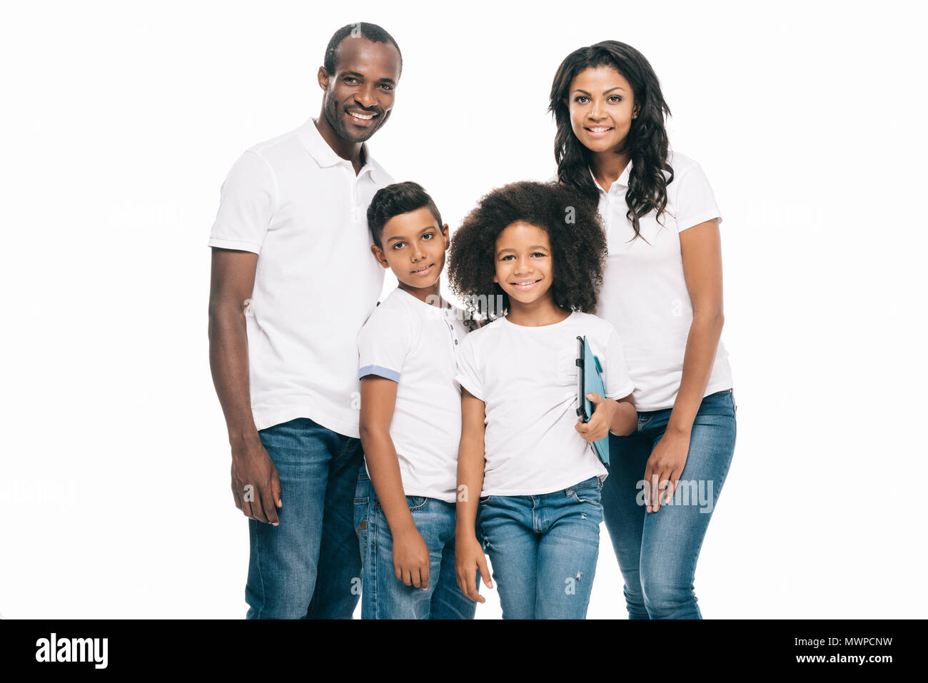 Happy African American Family Holding Digital Tablet And Smiling At Camera Isolated On White Stock Photo Alamy
