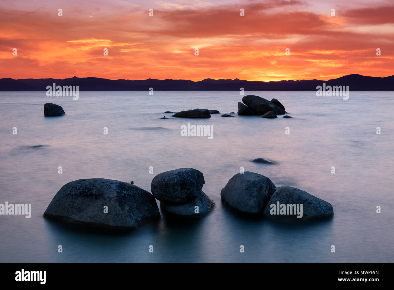 Lake Tahoe sunset at the famous Whale Beach near Incline Village, Nev
