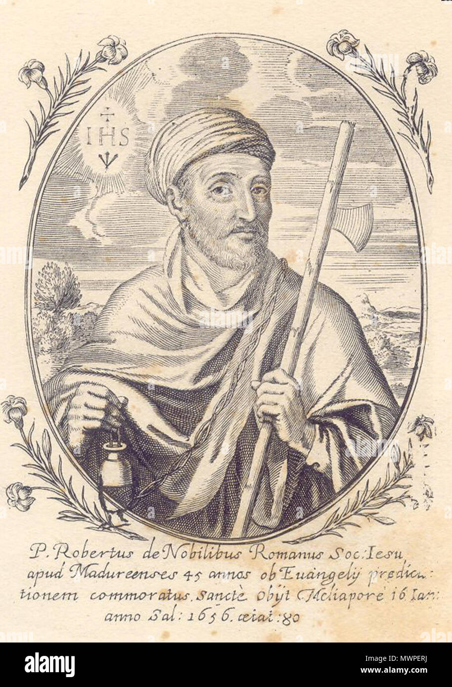 . English: Robert de Nobili, missionnaire jésuite parmi les brahmes d'Inde du Sud . 2009. Grentidez 525 Roberto de Nobili (1577-1656), gravure Stock Photo