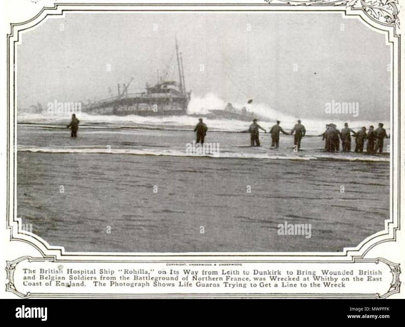 . English: Photograph of the steamship Rohilla grounded at Whitby ...