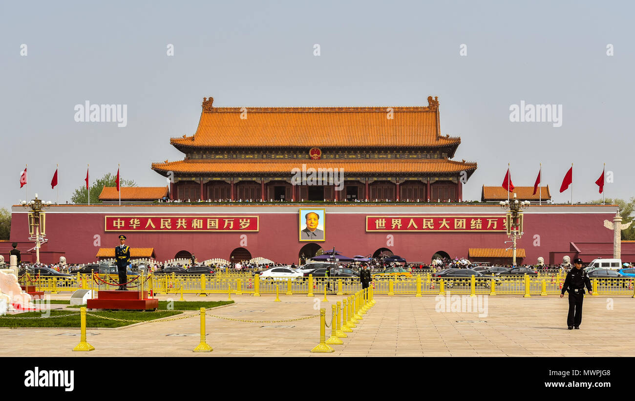 Beijing, China - Apr. 18, 2018: Entrance to the Forbidden City as seen from Tiananmen Square. Stock Photo