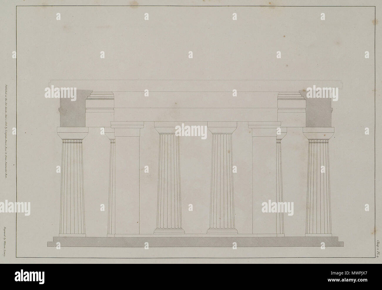. English: William Wilkins. The Antiquities of Magna Graecia, London, Longman, Hurst, Orme and Rees, MDCCCVII (1807). 1807. William Wilkins (architect) 550 Section through the pronaos and the outer portico of the Temple - Wilkins William - 1807 Stock Photo
