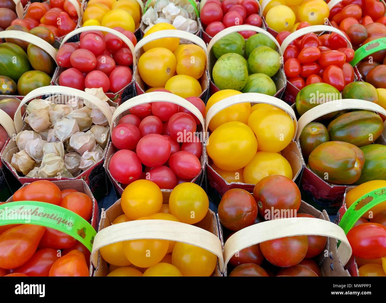 Tomatos on sale in the Marche Jean-Talon in Montreal, Quebec Stock Photo
