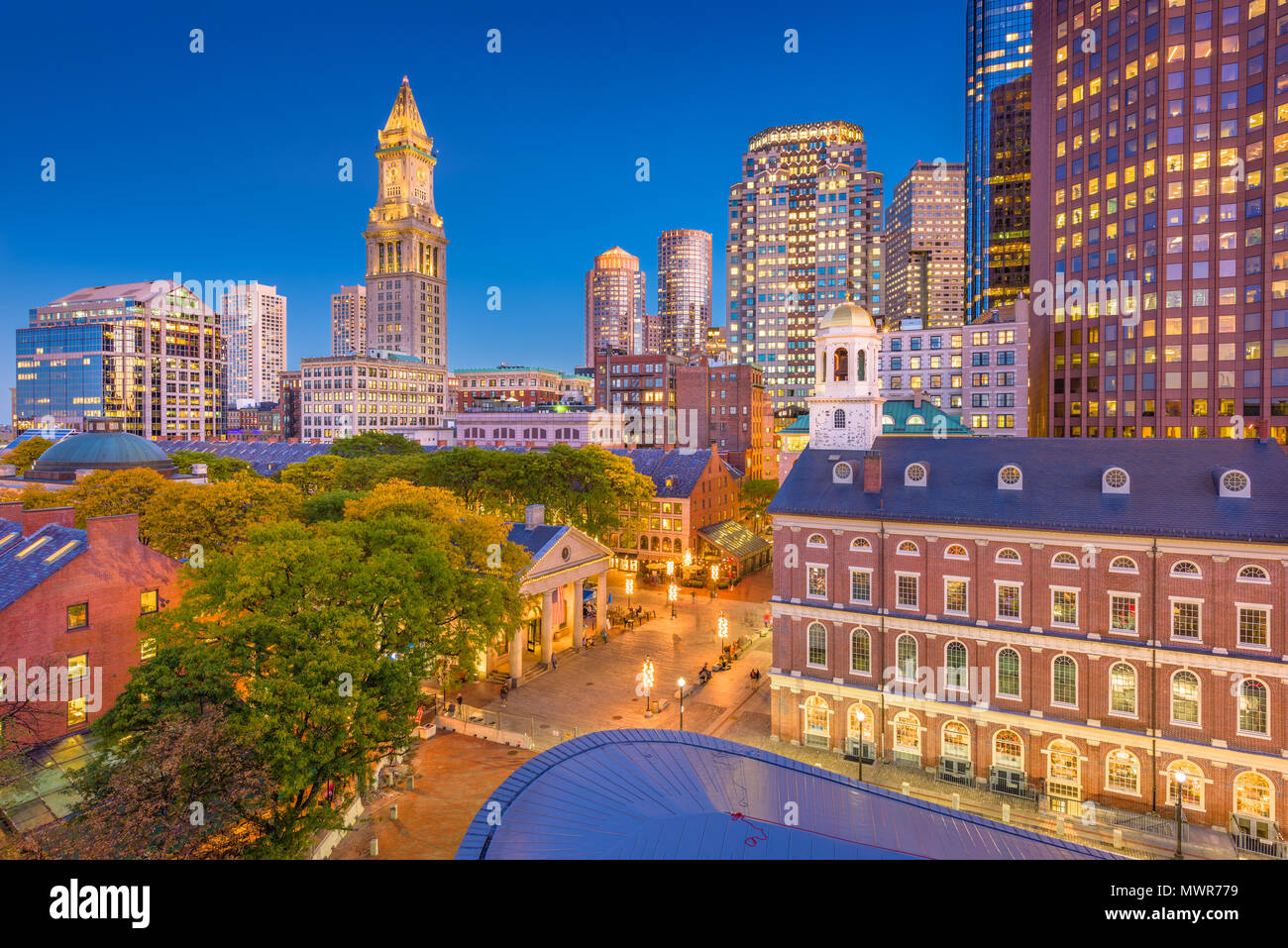 Boston, Massachusetts, USA downtown markets and cityscape at twilight. Stock Photo