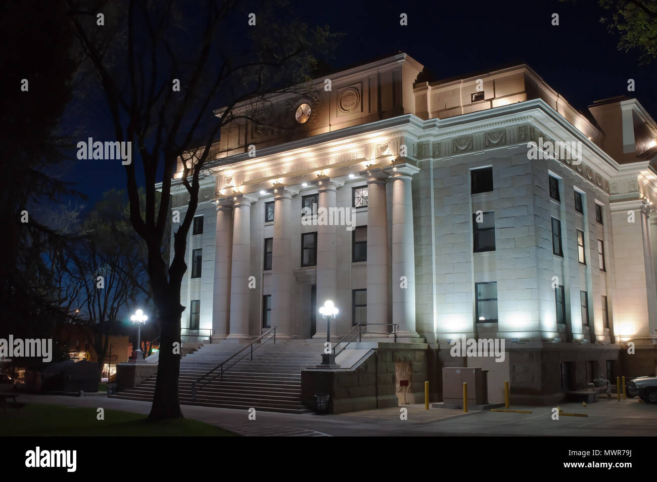 The Yavapai County Courthouse in Prescott, Arizona lit up at night