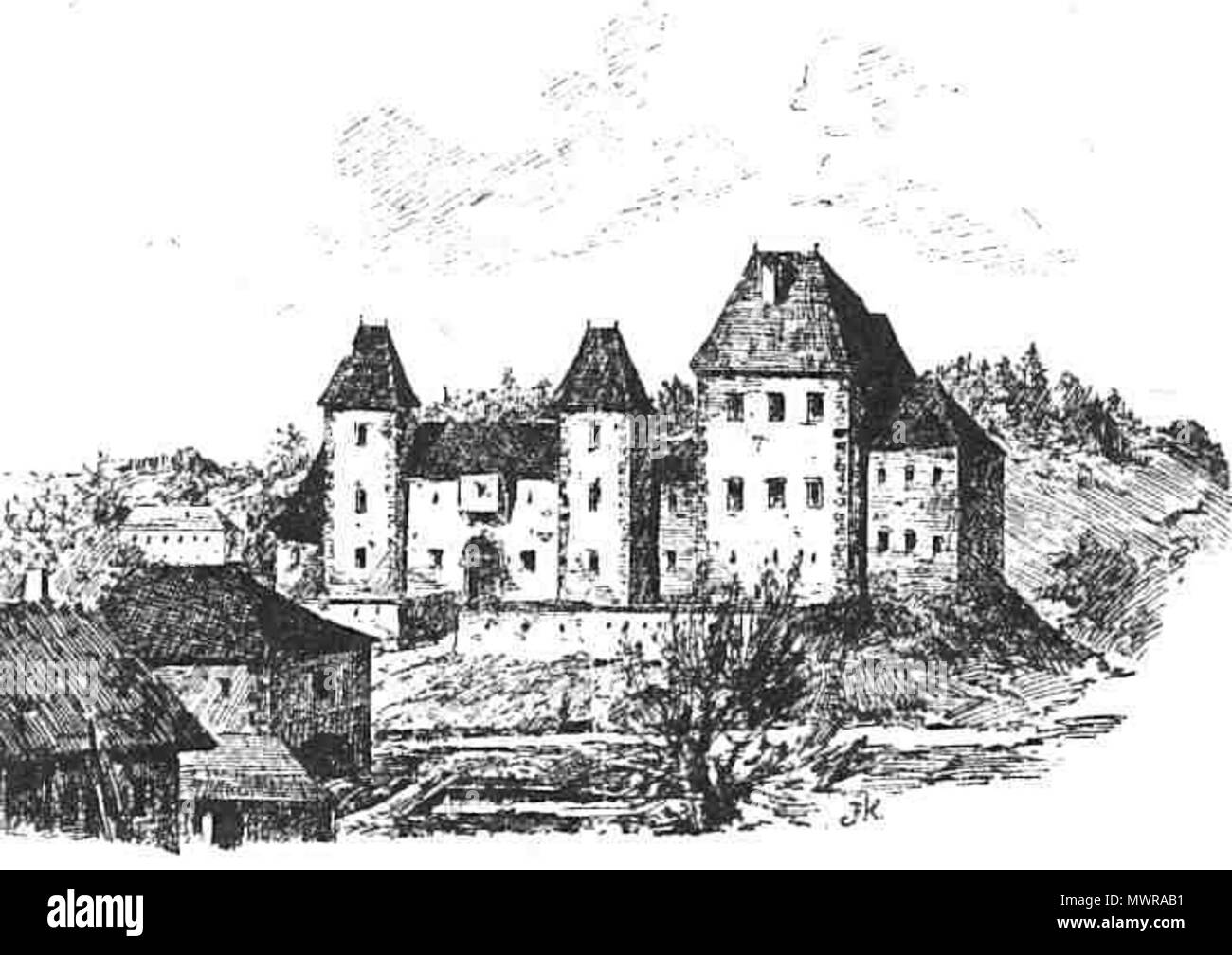 . Deutsch: Schloss Stein bei St. Marien nach einem Bild von Franz Kohlstrunk . ursprünglich 1674. Georg Matthäus Vischer bzw. Franz Kuhlstrunk, (1861-1944) 547 Schloss Stein-neu Stock Photo