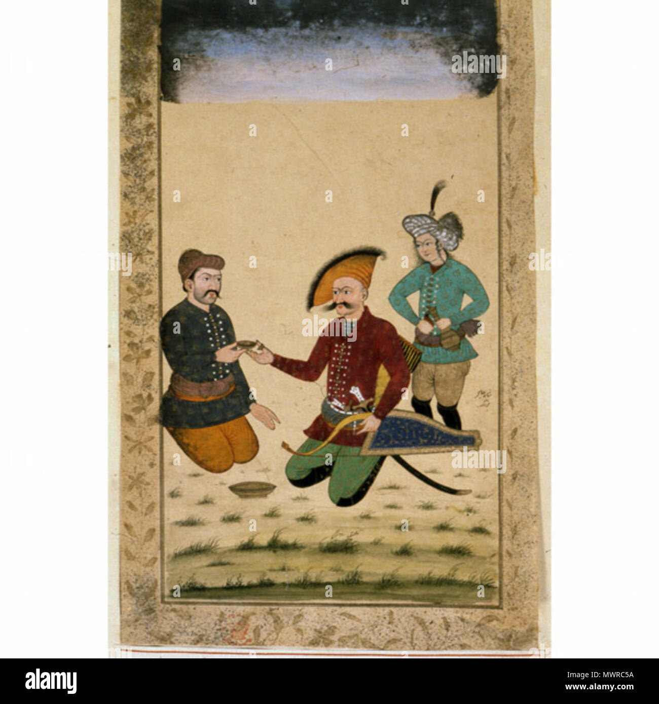 . English: Painting of Shah 'Abbas, Khan 'Alam and a page [Painting of Shah 'Abbas, Khan 'Alam and a page] India, Golconda, late AD 1600s  This painting shows the meeting of Shah 'Abbas I of Iran (1571-1629) and Khan 'Alam, the ambassador of Mughal India, at the former Safavid capital, Qazvin in 1618. Their meeting was recorded by a Mughal court artist, and this image is most likely based on one of the preparatory painted sketches made of the key figures. Mughal India was Iran's largest trading partner, supplying textiles, spices and other merchandise. Indian goods reached Iran in such quantit Stock Photo