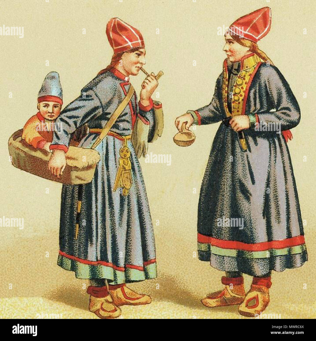 English: A painting of Sami women in traditional garments (costumes) with a  child in Komse or child carrier. Lapland, Sweden. Search words: Saami,  Samisk, Collars, Sapmi, silver, Barmklede, Bärmkläde, Brystklede, Kolt,