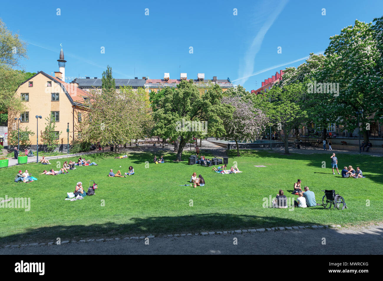 STOCKHOLM, SWEDEN, MAY 19, 2018: Friends resting at the lawn at Bjorns Tradgard with the first Stockholm city mosque in backround. Stock Photo