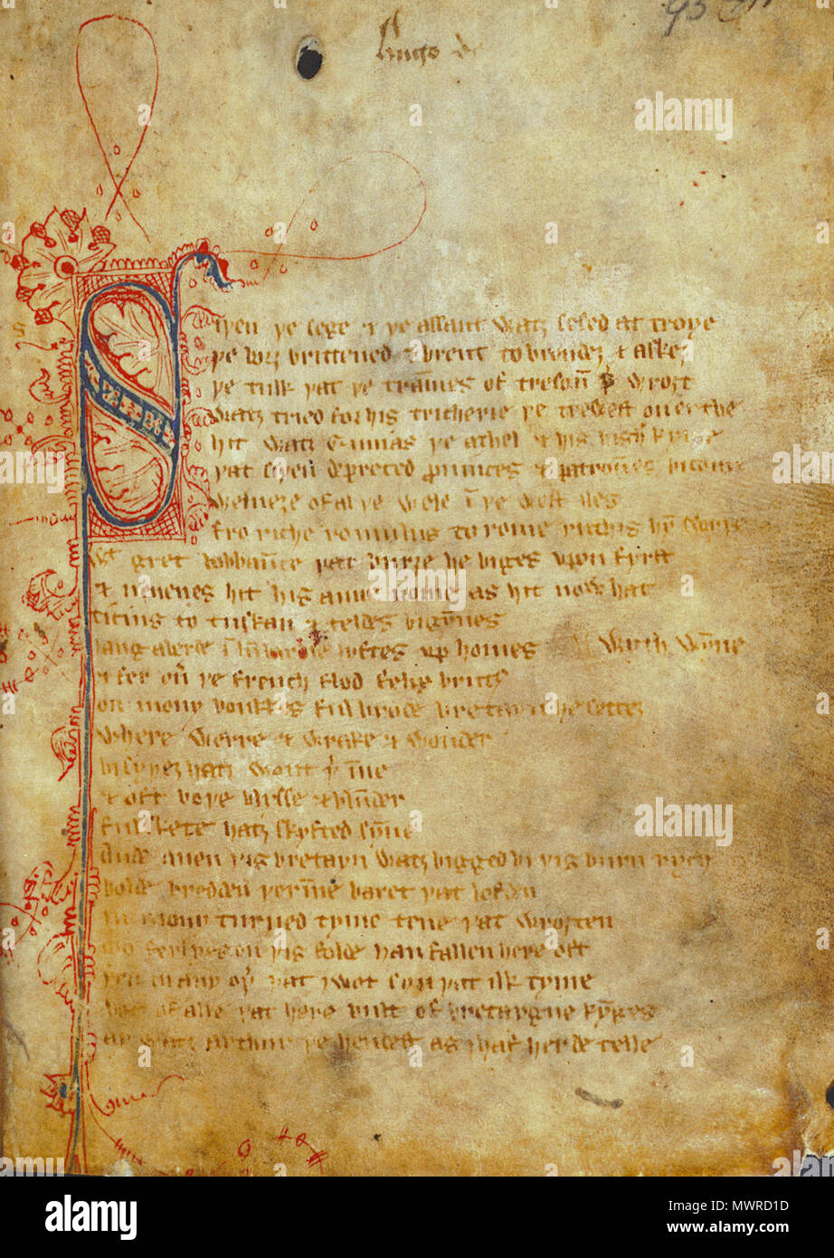 . English: 'Sir Gawain and the Green Knight', from the Cotton Nero A.x manuscript . circa 1400. 'Gawayin Poet', late 14th century 561 Sir Gawain first page 670x990 Stock Photo
