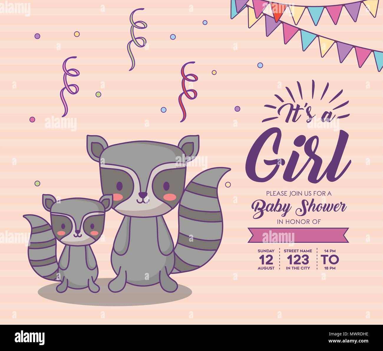 Baby shower invitation with its a girl concept with cute raccoons over pink background, colorful design. vector illustration Stock Vector