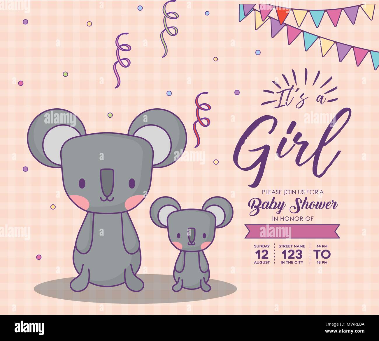 Baby shower invitation with its a girl concept with cute koalas over ...