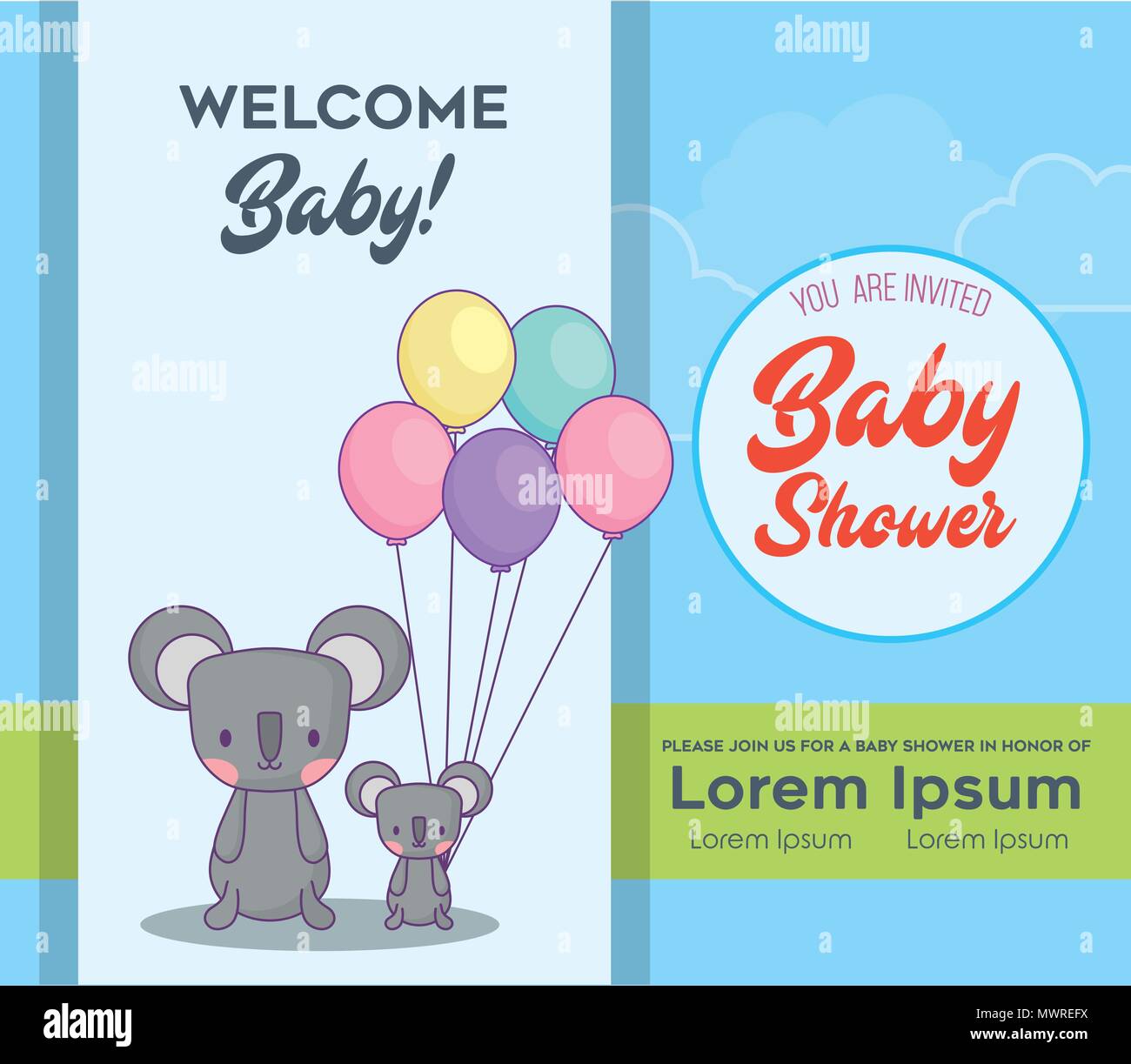 Baby shower invitation template with cute koalas with colorful ballons ...