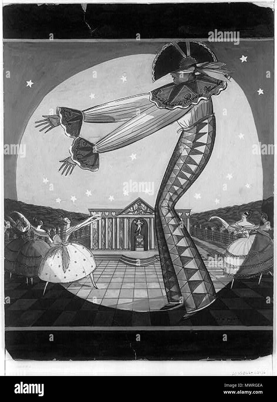English A Large Costumed Figure Dressed As Pierrot Stands Blindfolded With His Arms Outstretched As If Seeking One Of The Female Dancers Below Him Who Stands With Her Arms Stretched Up