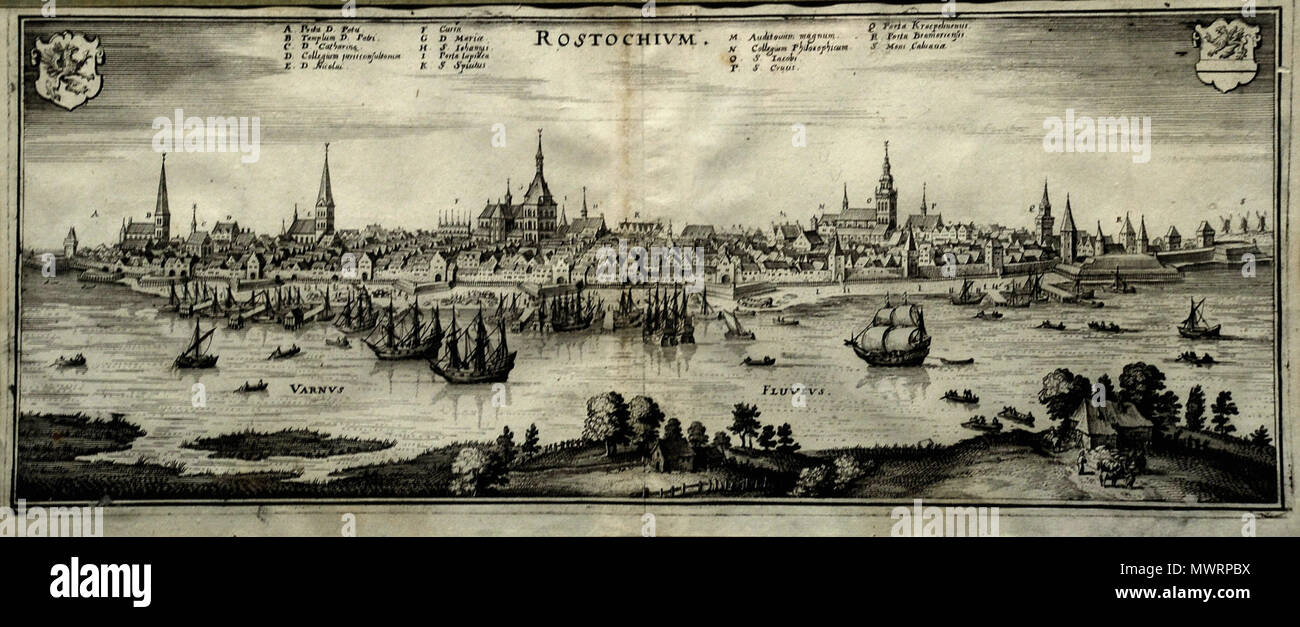 . Deutsch: Rostock. Kupferstich um 1650. 14,6 x 36,6 cm. um 1650, Foto 17. Januar 2009. H.-P.Haack 529 Rostock um 1650 Stock Photo