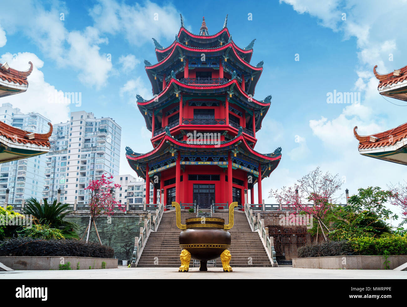 The famous Chinese classical architecture is located on the bank of the Jiulong River, Weizheng Pavilion, Zhangzhou, Fujian. Stock Photo